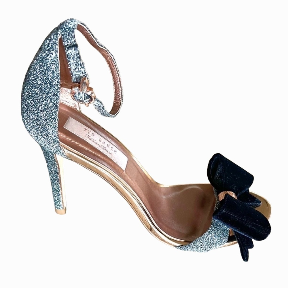 Ted Baker Bowdalo Silver Glitter Heels Black Velvet Bow Ankle Strap EU 37.5 US 7 - Picture 2 of 12